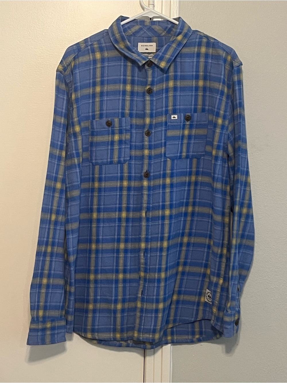 Quiksilver "Shadow Sets" Blue/Coral/Yellow Plaid Cotton Flannel Shirt Size L